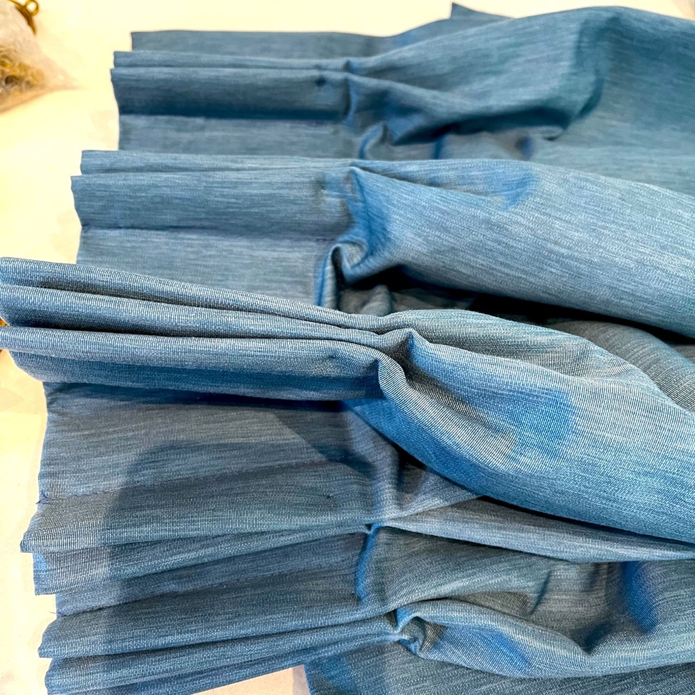 Custom drapes. 2 panels, fully lined, pinch pleat blue. 26X86”Brand new!